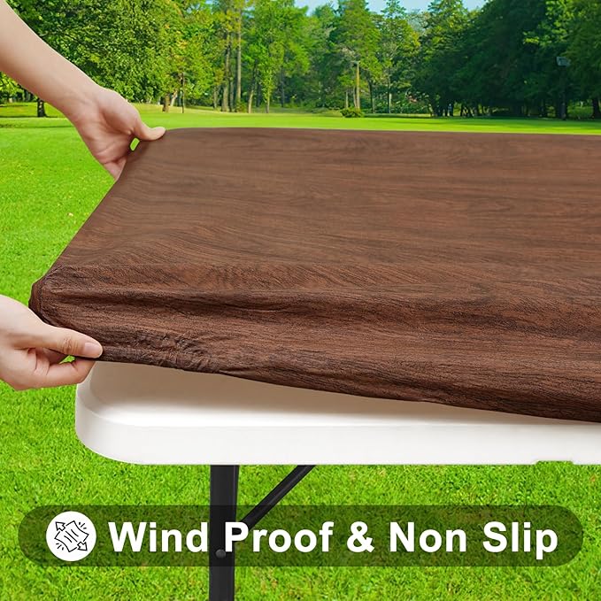 Smiry Rectangle Table Cloth Cover, Waterproof Elastic Fitted Picnic Tablecloth for 4 Foot Tables, Wipeable Flannel Backed Vinyl Tablecloths for Camping, Dining, Outdoor (Brown, 24" x 48")