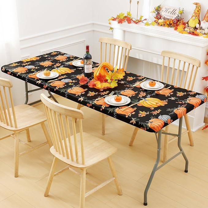 Smiry Plastic Thanksgiving Tablecloth, Pumpkin Waterproof Elastic Fitted Table Covers for 8 Foot Tables, Wipeable Flannel Backed Vinyl Tablecloths for Autumn Harvest, Parties (Black, 30x96 Inches)