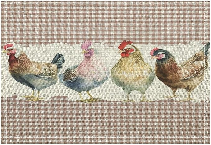 Rustic Rooster Placemat Set, Vintage Boho Farmhouse Colorful Watertcolor Chicken Pink Plaid Pattern Home Decor Table Mats for Dining Room Kitchen Party (17x12in) x6P