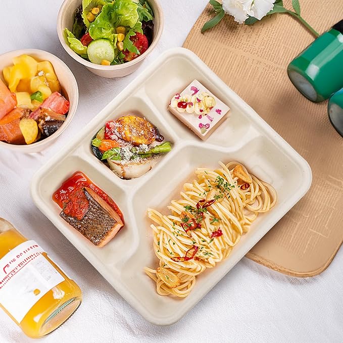 TOPZEA 50 Pack 4 Compartment Disposable Paper Plates, 9.4"x 8.6" Compostable Deep Divided Plates Heavy Duty Bagasse School Lunch Tray, Sugarcane Sectional Plate Food Containers for Dinner Buffet Party