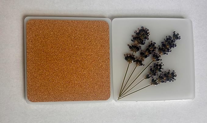 Handcrafted Pressed Lavender Resin Coasters White with Cork Base, Decorative Table Protection (2, Square)