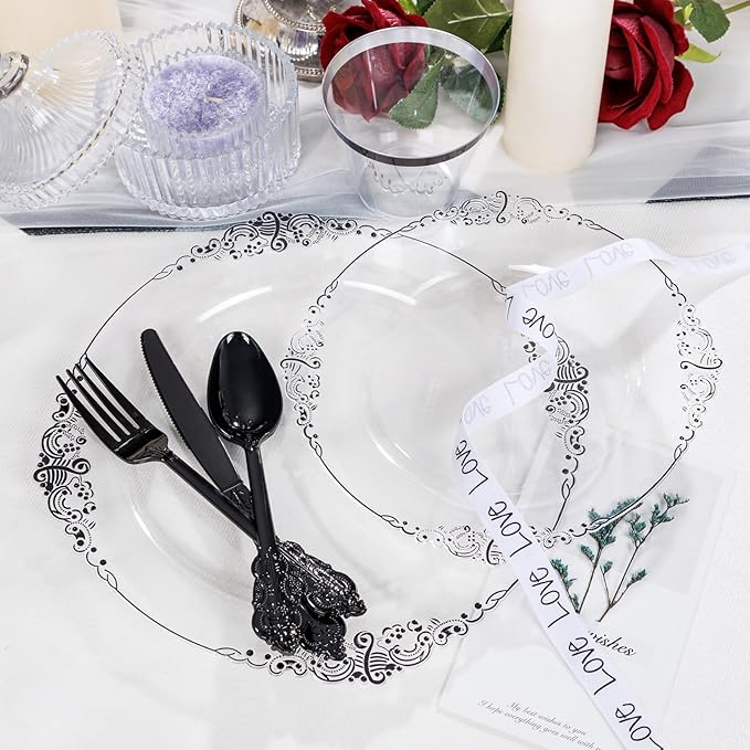 Hioasis 350pcs Clear and Black Plates - Black Party Plates for 50 Guest, Include 100 Heavy-duty Plates(20% Thicker Than Standard), 50 Pre Rolled Gold Plastic Silverware Set, 50 Cups