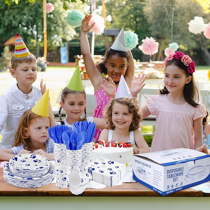 Kochorie 400 Pieces Blue Paw Disposable Party Tableware Sets Dog Puppy Supplies Including Plates Cups Napkins Cutlery Serves 50 for Birthday Puppy Theme Party Decorations
