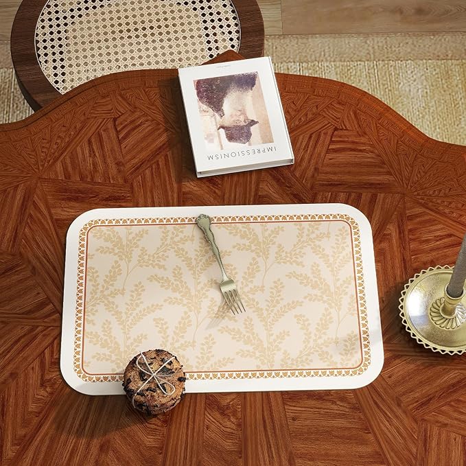ISAENNE Skin Colour PVC Placemats Set of 6,Rectangular Floral Placemats,Waterproof and Heat-Resistant Branch Leave Pattern,Decoration for Kitchen,Dinning,Parties, Holiday,12"*17"