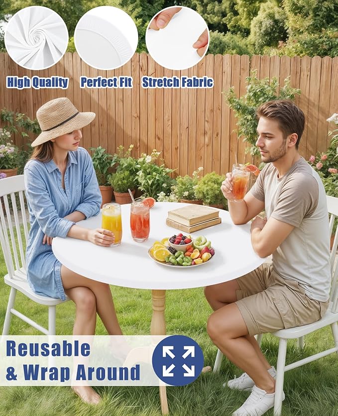 Round Spandex Tablecloth, Elastic Fitted Waterproof Tablecloths for 45"-56" Tables, Stretch Washable Picnic Table Cover for Camping, Dining, Indoor and Outdoor, White