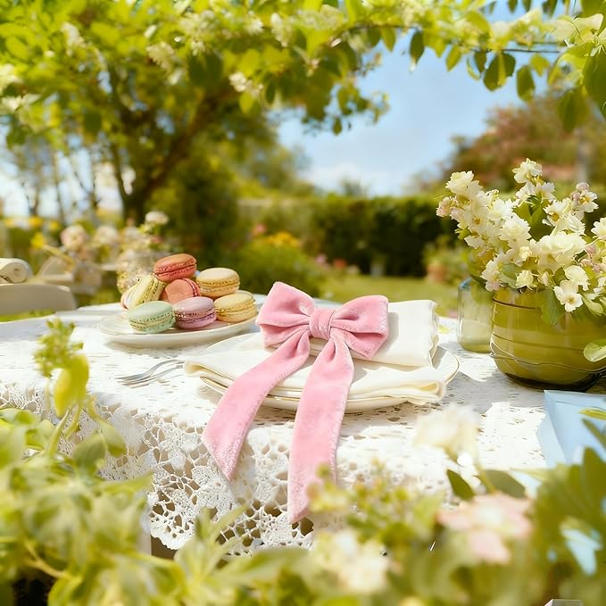 Bow Napkin Rings Set of 6 Luxury Soft Pink Velvet Napkin Holders, Elegant Bow Design for Christmas Holiday Dinner Wedding Party Table Decor