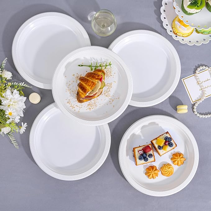 WELLIFE White Plastic Plates 10 Inch -150 Count for Party, Disposable Plastic Party Plates for New Year Wedding Dinner Birthday Engagement