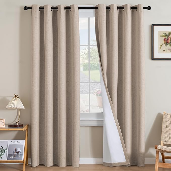 H.VERSAILTEX Linen Curtains 100% Blackout Curtains for Bedroom 108 inch Long Full Light Blocking Nature Linen Blended Window Curtains for Living Room Nickel Grommet (2 Panels, Heathered Sand)
