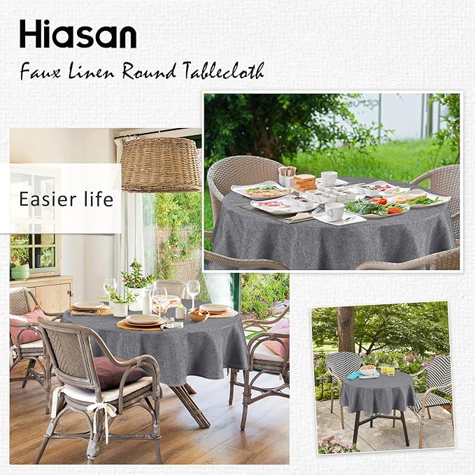 Hiasan Round Linen Tablecloth 80 Inch - Wrinkle and Stain Resistant Washable Polyester Fabric Table Cloth for Dining Room Kitchen Party, Grey