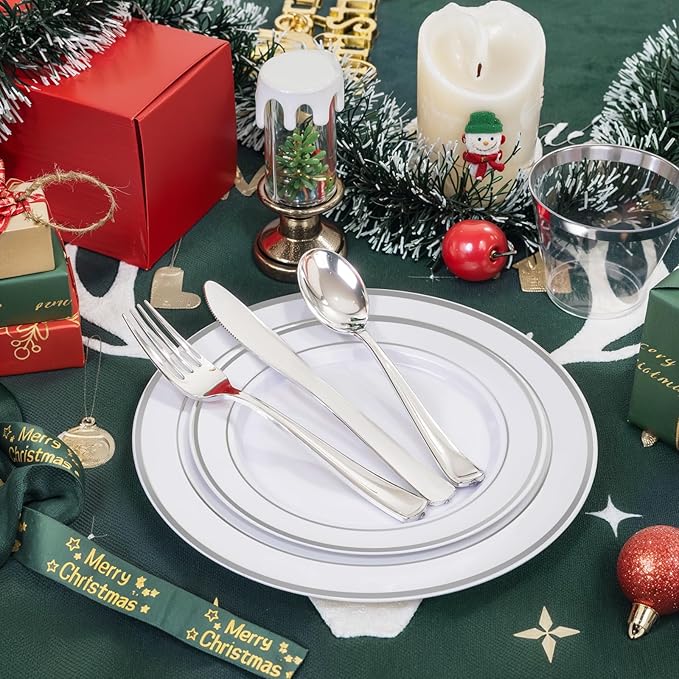 bUCLA 600pcs Silver Plastic Dinnerware Set for 100 Guests - Silver Christmas Dinnerware Set Disposable for Party - Include 100 Dinner Plates,100 Dessert Plates,100Cups,100 Knives,100 Forks,100 Spoons