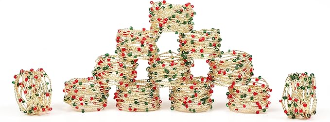 Gold Red Green Beaded Napkin Ring Set of 12 - Beautiful Elegant Decorative Napkin Holder for Christmas/Dinner Table Decoration/Farmhouse/Wedding/Party/Family Gathering/New Year & Everyday Use