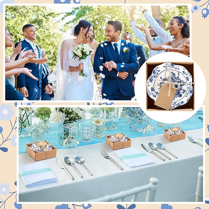 96 Pcs Wedding Favors for Guests Small Ceramic Bowl Bulk Gifts Set 3.3 Inch Floral Design Mini Dipping Sauce Dish with Card Box for Bridal Pooja Baby Shower Birthday Guest Gift (Blue)