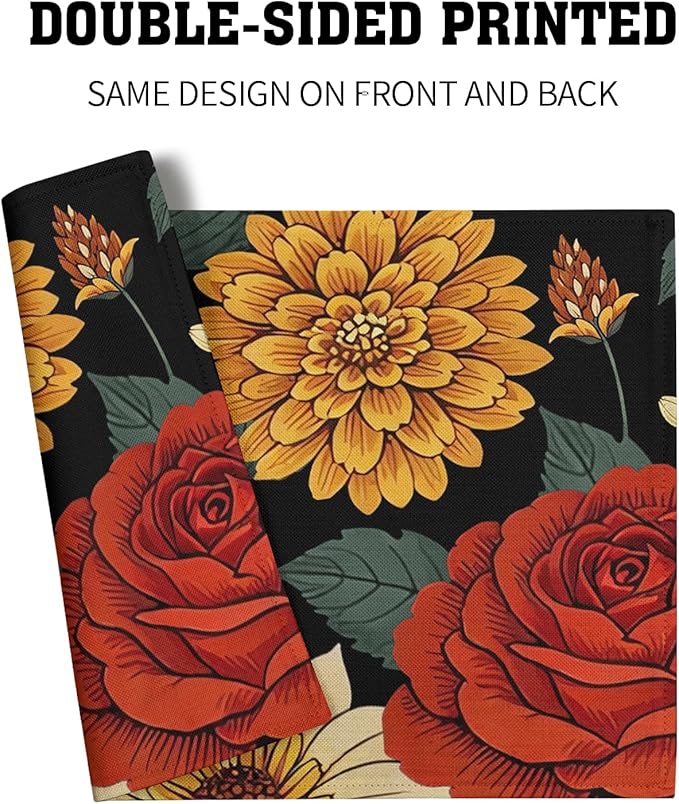 Boho Placemats Set of 4 - Floral Place Mats 12x18 Vintage Flower Table Mats Bohemian Kitchen Mats for Party Dining Table