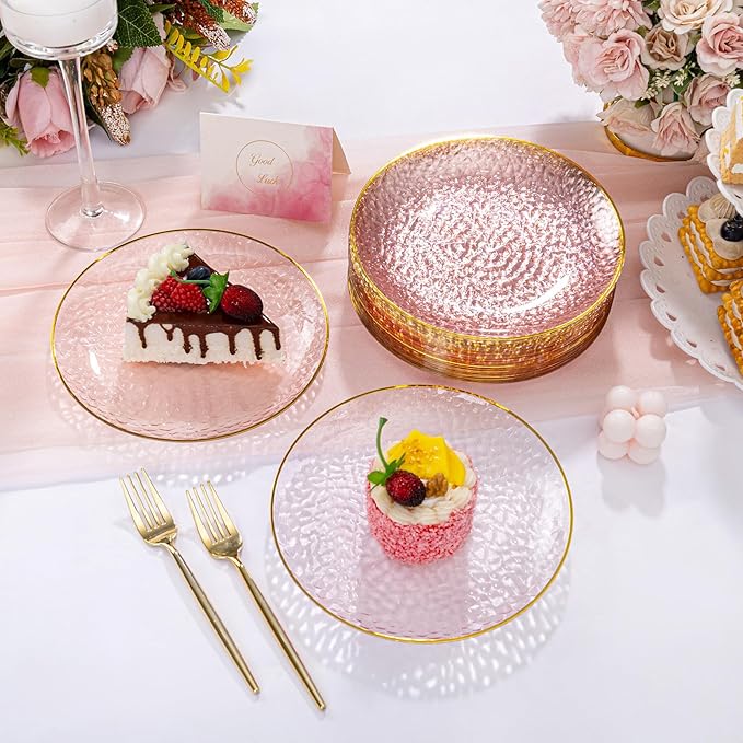 DaYammi 240Pcs Pink Plastic Plates Including 120Pcs Pink Dessert Plates and 120Pcs Gold Plastic Forks,Hammered Party Plate,pink and Gold Appetizer plates Heavy duty Disposable Cake Plate for Party