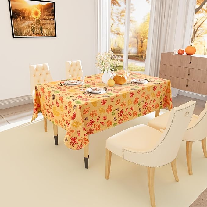 Smiry Fall Rectangle Table Cloth, Waterproof Vinyl Tablecloth with Flannel Backing, Wipeable Autumn Leaves Plastic Tablecloths for Harvest and Thanksgiving Parties, (60"x140", Rust & Yellow)