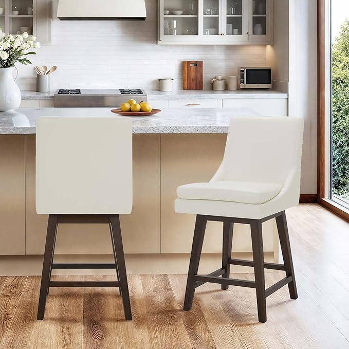 CHITA Counter Height Swivel Barstool with Back Set of 2, FSC Certified Upholstered Faux Leather Swivel Bar Stool, 26.8" H Seat Height, PU Leather in Pure White