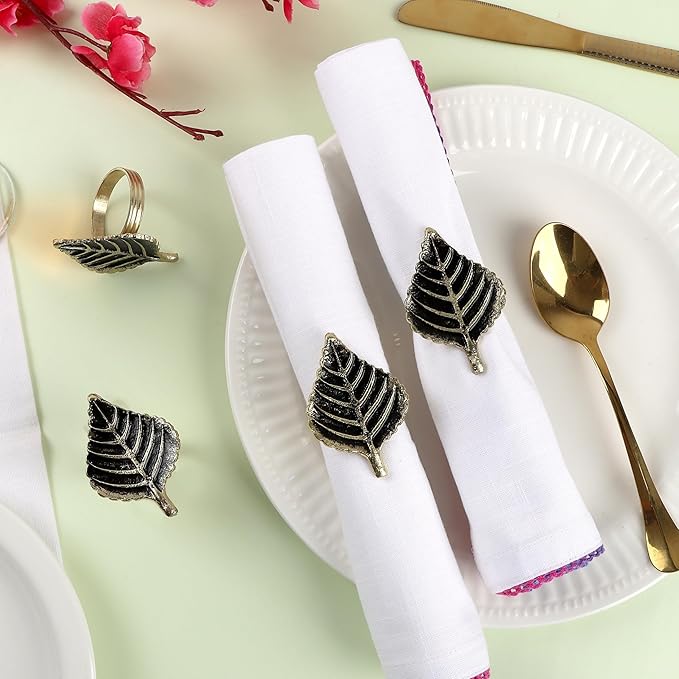 ALPHA Living HOME Set of 12 Napkin Rings for Farmhouse Decor Premium Metal Leaf Dinnerware Napkin Holders Thanksgiving, Christmas, and Easter Table Setting (Antique Gold)