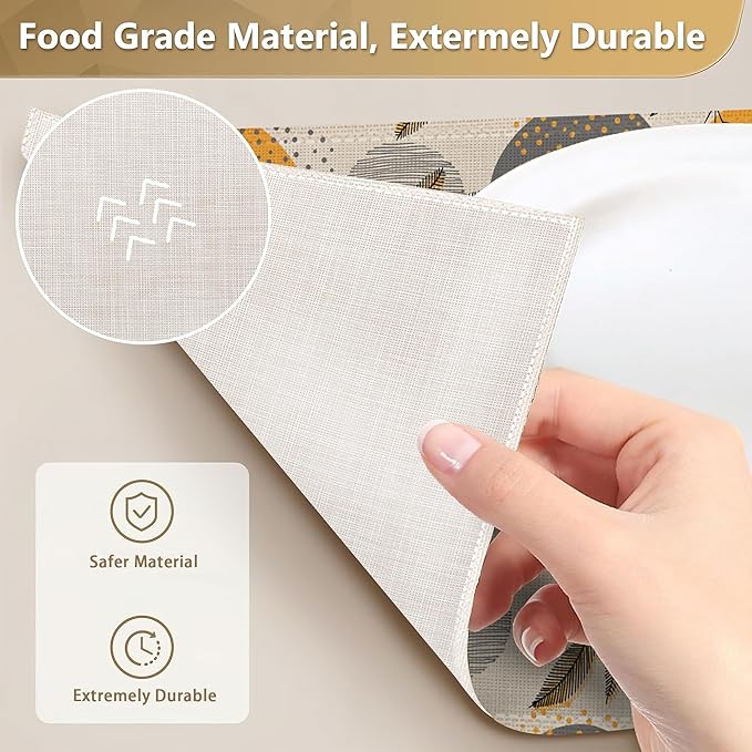Leaves Place Mats Set of 6, Stripes and Dots Table Mats,Heat Insulation Non Slip Washable Dining Placemats for Wedding Holiday Party Kitchen Decor 12X18 in