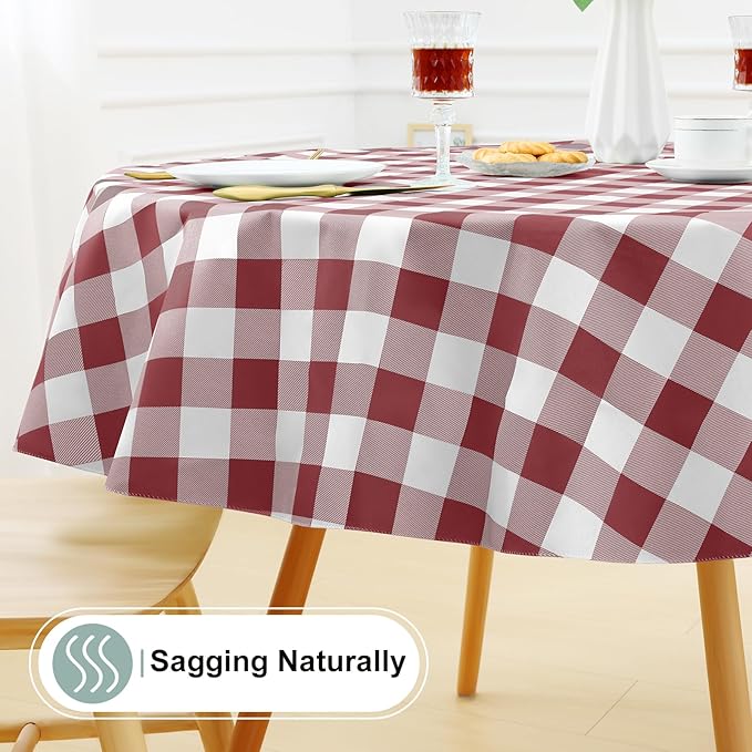 misaya Round Waterproof Vinyl Table Cloth, Buffalo Flannel Backed Tablecloth, Wipeable Plastic Table Cover for Valentine's Day, Dinner, Kitchen, Outdoor (60", Burgundy and White)