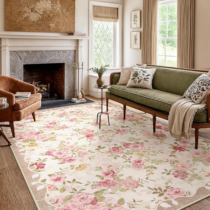 Lahome Floral Washable Rugs 5x7,Rugs for Living Room Boho Area Rug,Vintage Rugs for Bedroom Girls Non Slip Low Pile Ultra-Thin Large Carpet for Farmhouse,Dining Room,Kids Playroom Dorm (5'X7',Beige)