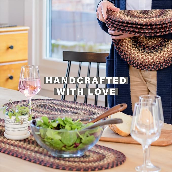 Homespice Prescott Jute Braided Table Runner, Warm Primitive Decor, Set of 2, Black and Red Oval 8x28 - Rich Colors, Easy to Clean, Durable and Protects Furniture