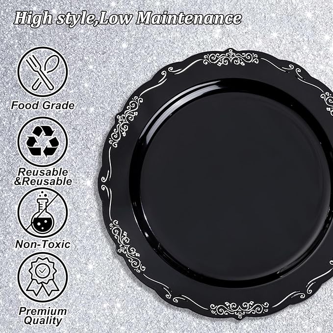 DaYammi 60PCS Black and Silver Plastic Plates, Heavy Duty Black and Silver Disposable Plates Premium 10inch Dinner Plate Hard Plastic Plate Disposable for Party and Wedding