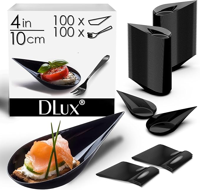 DLux 100 4-in Tear Drop Mini Appetizer Plates with Forks,Reusable Black Plastic Spoons - Desserts and Appetizers Dishes Serving Plate - Asian Spoon Set, Small Catering Dessert Tasting Cups