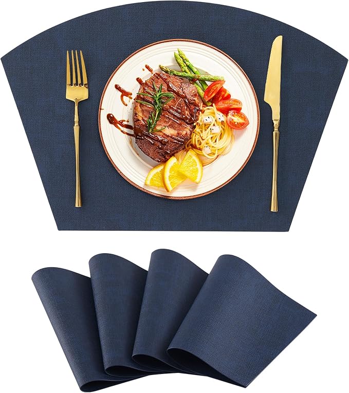 Homaxy Round Table Placemats Set of 4, Washable Wedge Shaped Faux Leather Table Mats, Wipeable Kitchen Dinner Place Mats for Indoor Outdoor, Navy Blue