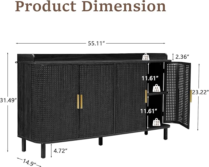 ORRD 4 Doors Storage Cabinet, 2 Tier Wooden Storage Organizer Cabinet with Adjustable Shelf, Sideboard Buffet Cabinets with Iron Curved Doors Accent Shoe Rack for Entryway Hallway Living Room (Black)