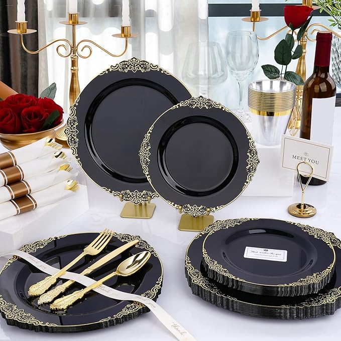 350 PCS Black and Gold Plastic Plates, Plastic Dinnerware Set for 50 Guests, 100 Disposable Plates, 150 Silverwares, 50 Cups, 50 Napkins for Party, Wedding, Graduation
