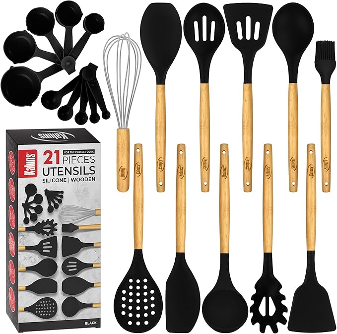 Kaluns Silicone Kitchen Utensils Set, Premium Non Stick Cooking Utensils Set - 21 Pcs Wooden Handle Silicone Spatula Set 446°F Heat Resistant - Kitchen Gadgets Home Essentials
