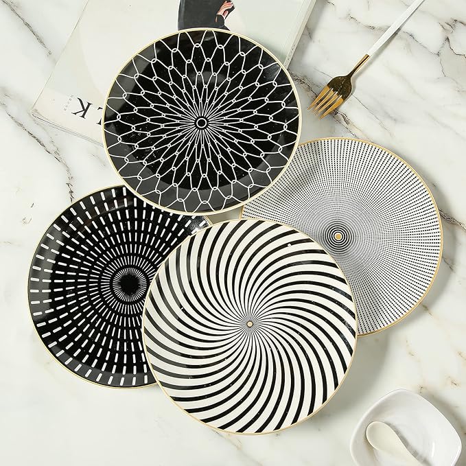 8 Inch Set of 4 Assorted Designs, Porcelain Plates With Patterns,Black Ceramic Dessert Plates, Dishware with Golden Rim for Sandwiches Salad Pasta, Microwave Oven Dishwasher Safe (A)