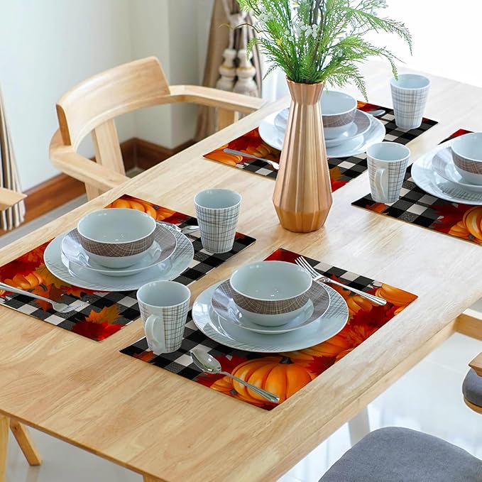 Pumpkins Placemats Set of 4 - Fall Buffalo Plaid Place Mats 12x18 Inch Autumn Farmhouse Pumpkin Table Mats for Kitchen Dining Room Thanksgiving Holiday Party