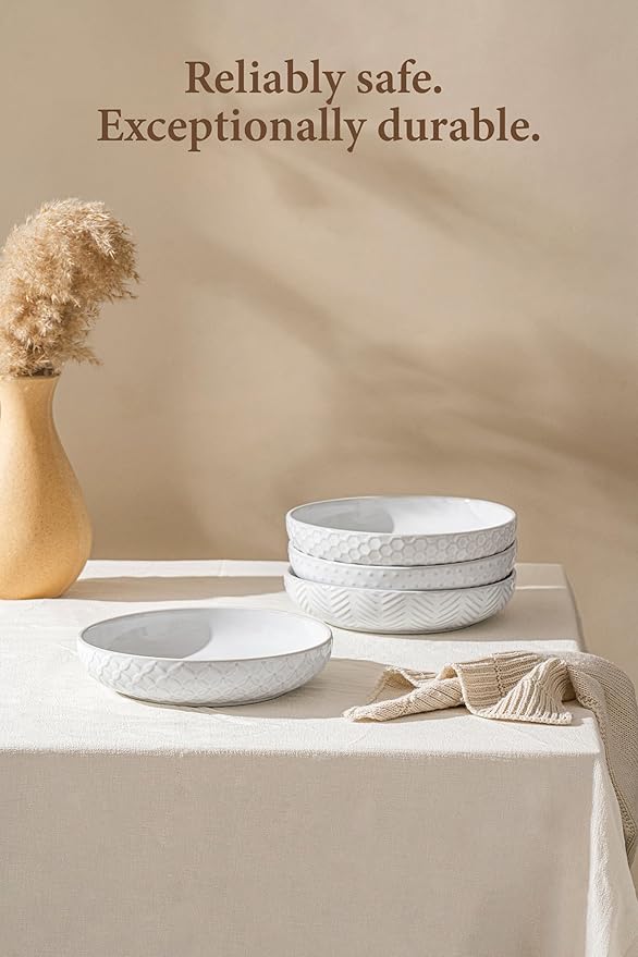 Embossed Ceramic Pasta Bowls, 42 oz Bowl Plates Set,9-Inch Large Serving Bowls Set of 4, Perfect for Pasta, Salad, Fruit, Sturdy&Stackable, Microwave & Dishwasher Safe