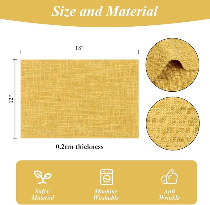 SHACOS Washable Cloth Placemats Set of 6 Fabric Place Mats Non Slip Double Layered Thick Faux Linen Placemat Reversible Table Mats Home Wedding Table Decor, Yellow