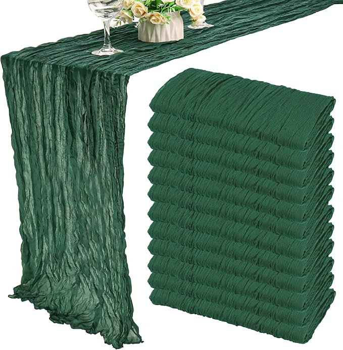 12 Pack 13Ft Cheesecloth Table Runner 35x157 Inch Boho Gauze Table Runner Cheese Cloth Long Rustic Table Runners for Wedding Bridal Shower Birthday Party Table Decor (Dark Green)