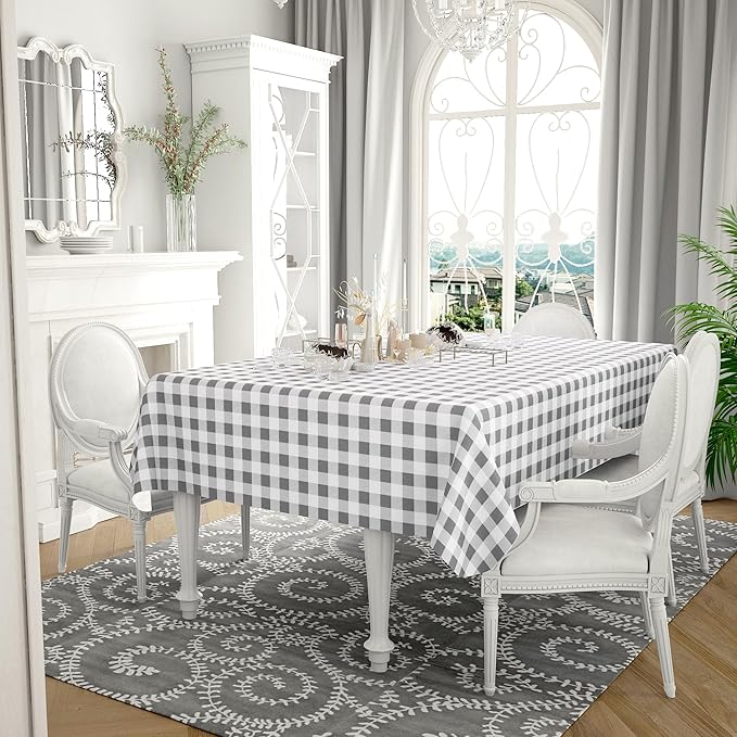 misaya Rectangle Waterproof Vinyl Table Cloth, Buffalo Flannel Backed Tablecloth, Wipeable Plastic Table Cover for Dinner, Kitchen, Outdoor (60" x 84", Grey and White)