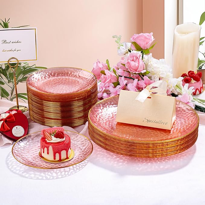 Rubtlamp 100 Pcs Pink Gold Dessert Plates hammered party plates, Pink Disposable Plates With Gold Rim, 7 Inch Dessert Platos Disposable, Plastic Appetizer Plates Perfect for Mother's Day
