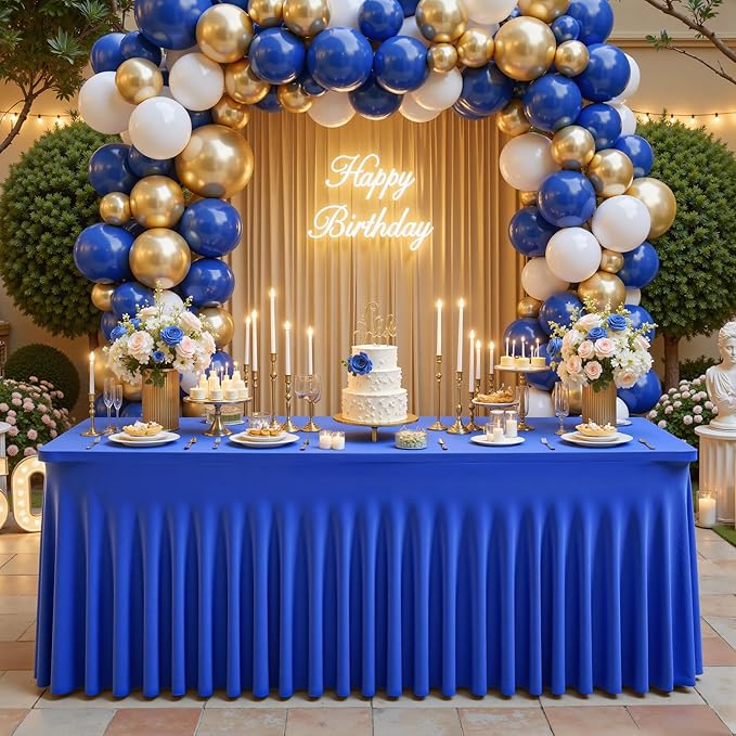 Wish Care 2 Pack Royal Blue Spandex Table Clothes for 6 Foot Rectangle Tables, 6FT Wrinkle Free Fitted Tablecloths Ruffles Design Table Cloth for Party, Banquet, Wedding and Events