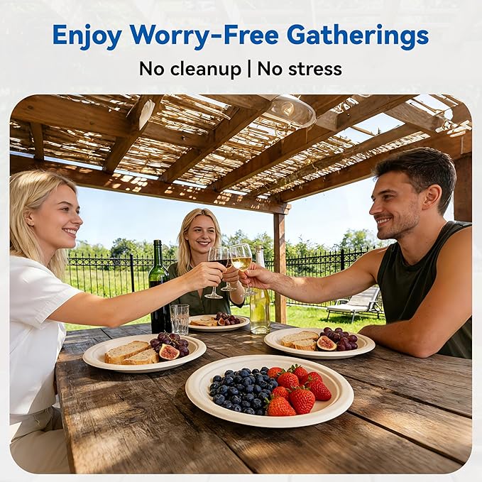 10 Inch Heavy Duty Paper Plates 150 Pack – Compostable, Eco-Friendly, Biodegradable Sugarcane & Bamboo Fiber, Sturdy Disposable Plates for Party, Camping & Everyday Use