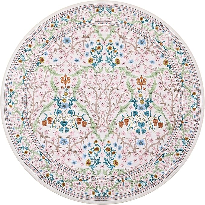 GarveeHome Pink Floral 6 ft Round Rug Washable Non-Slip Soft Low Pile Circle Carpet Vintage Rugs for Kitchen Bedroom Nursery Dining Living Room