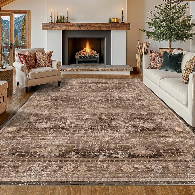 Brown Rug for Living Room 10x12 - Large Vintage Western Eclectic Unique Neutral Taupe, Washable Low Pile Non-Slip Area Rug for Dining Under Table, Bedroom Under Bed, Home Office