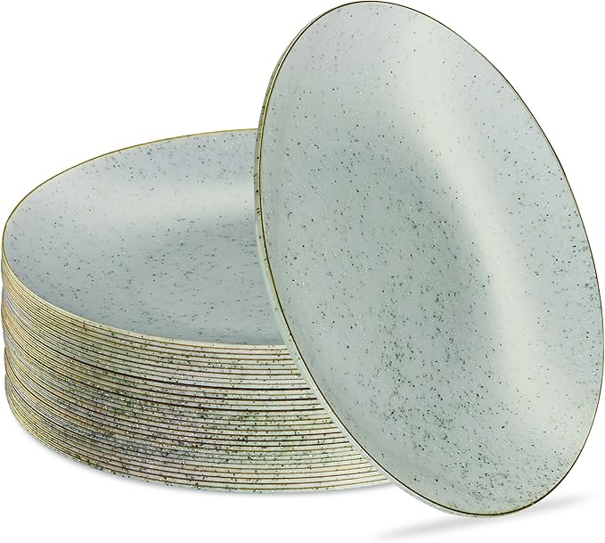 PLASTICPRO 30 Pack Disposable Plastic Plates Heavyweight Granite Look Elegant 10 inch Dinner Plates Green with Gold Rim