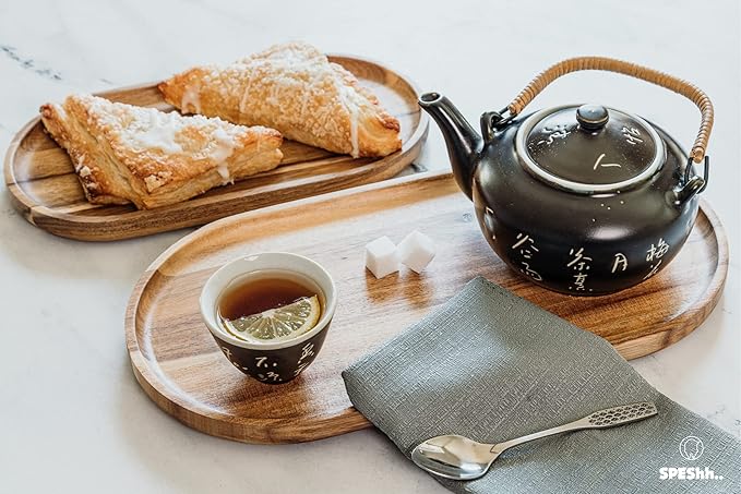 Acacia Wooden Serving Trays Set of 2 - Rectangular Oval Shaped Wood Plates for Charcuterie Cheese Bread Fruit Vegetable Dip Sushi - Rustic Serving Platter Shallow Dishes -14x7 & 11x5.5 In.