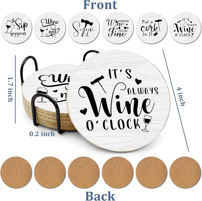 Funny Sayings Cork Coasters for Drinks Absorbents with Holder 6 Pcs Gift Set,Wine Lovers Gifts,Unique Present for Housewarming,Living Room Decor,Kitchen Decor Accessories.