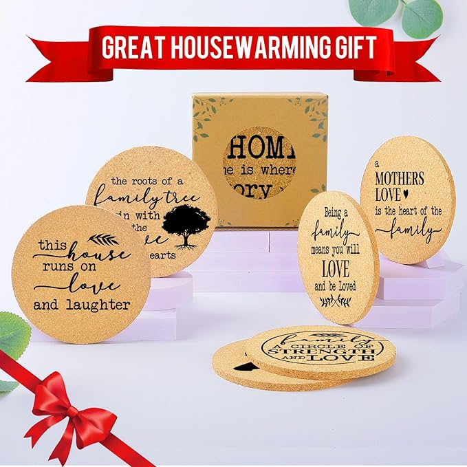 Coasters for Drinks with Holder Set of 6, Family Coasters Home&Love Coaster for New Home Couples House Warming Gifts Absorbent Cork Wood for Cup Desk Coffee Table Office Kitchen Decor, Round 4"