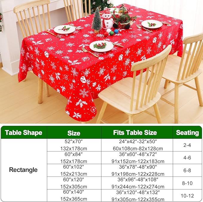 Smiry Christmas Rectangle Table Cloth, Waterproof Vinyl Tablecloth with Flannel Backing, Wipeable Bell & Snowflake Plastic Tablecloths for Christmas Table Decorations, (60"x120", White & Red)