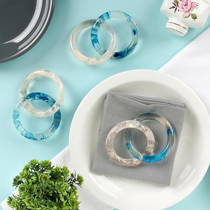 CLEENTABLE Epoxy Resin Napkin Ring - Set of 8 Interlocked Handmade Farmhouse Table Decor for Dining, Weddings, Holidays - Durable Elegant Napkin Holders for Special Occasion Blue Opaque