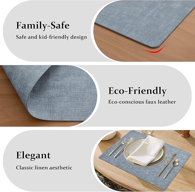 FROMHEART Faux Leather Placemats Set of 12–Waterproof,Heat/Oil Stain-Resistant PU Table Mat–Reversible,Non-Slip,Easy to Clean Place Mats for Kitchen,Dining,Indoor/Outdoor,(Light Blue,11.8" x 17")