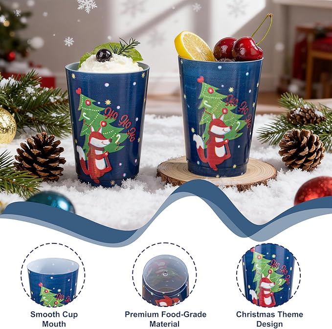 I00000 50Pcs 12oz Christmas Tree Design Christmas Plastic Cups, Premium Disposable Cups Cocktail Cup, Dark Blue Xmas Party Cup with Red Fox Design Pattern Design, Perfect for Xmas Party